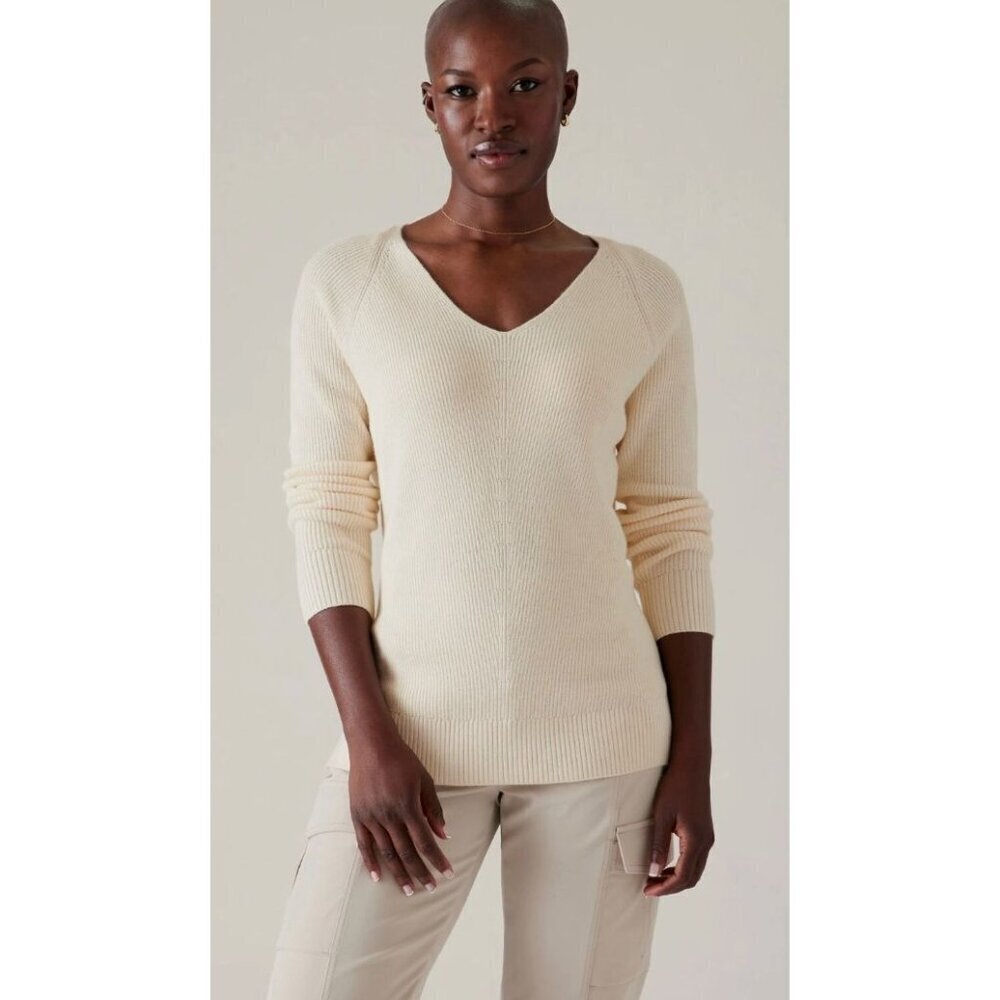 Athleta Hanover Refined V-Neck Sweater Magnolia White-sz Medium